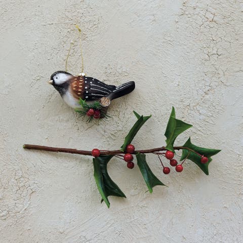 Glass Chickadee Ornament on Branch with Glitter