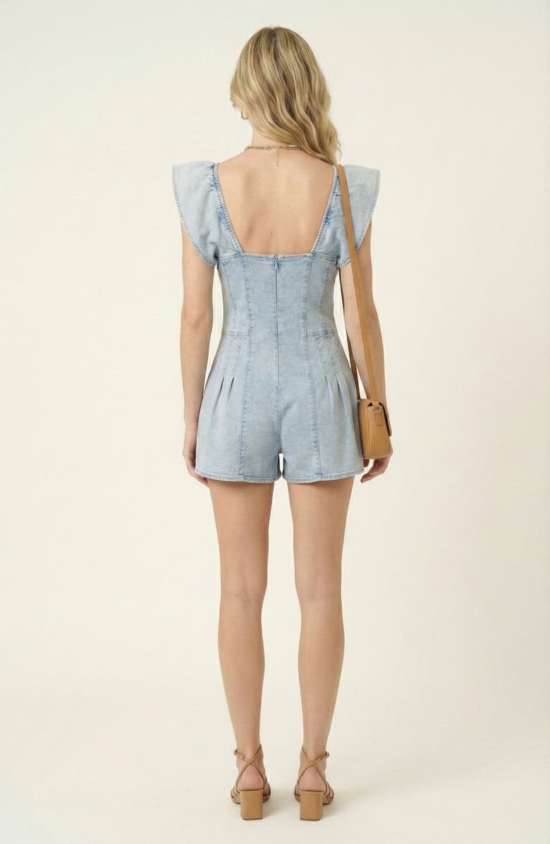 Modenaire Structured Zip Front Romper with Flutter Sleeves and Pleated Detail, Alternate, color, Light Blue