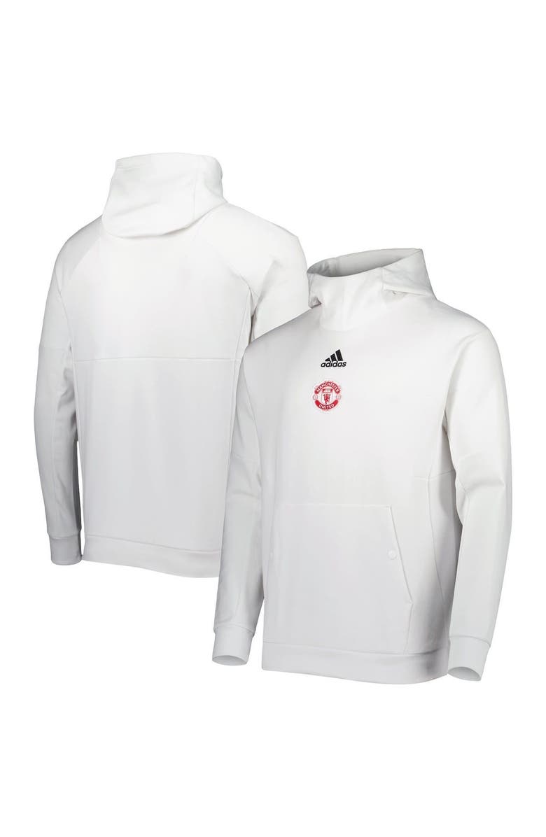 adidas Men's adidas White Manchester United Travel Scuba Neck Pullover Hoodie, Main, color, 