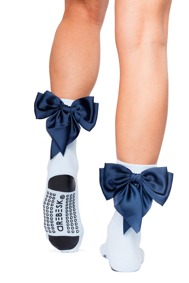 Anna Bow No-Slip Grip Crew Socks, Alternate, color, LIGHT BLUE/NAVY