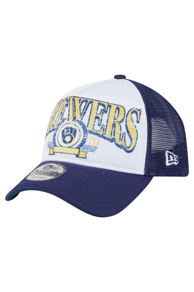 Men's New Era  White Milwaukee Brewers Distressed 9FORTY A-Frame Adjustable Trucker Hat, Main, color, White