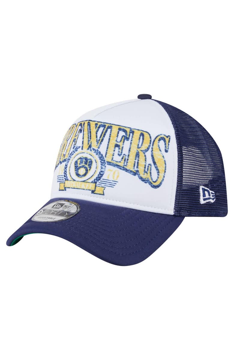 New Era Men's New Era  White Milwaukee Brewers Distressed 9FORTY A-Frame Adjustable Trucker Hat, Main, color, White