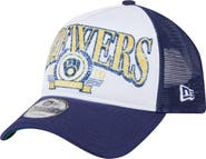 New Era Men's New Era  White Milwaukee Brewers Distressed 9FORTY A-Frame Adjustable Trucker Hat