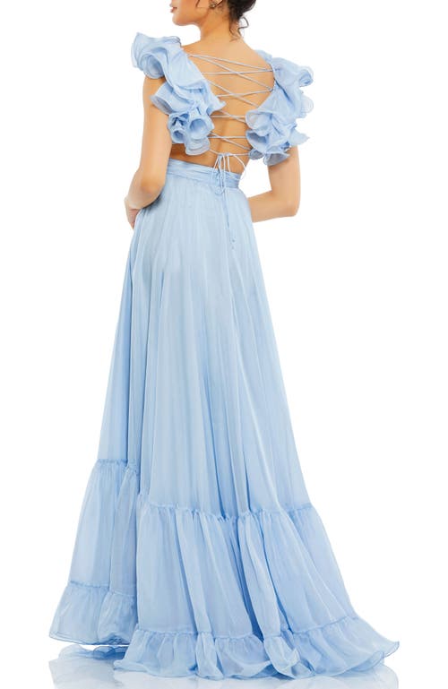 Mac Duggal Rosette Chiffon Cutout Empire Waist Gown In Powder Blue