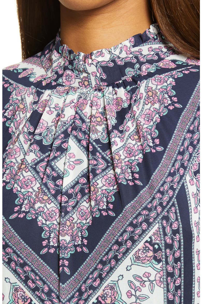 Tile Print Mock Neck Long Sleeve Midi Dress, Alternate, color, NAVY/ PINK