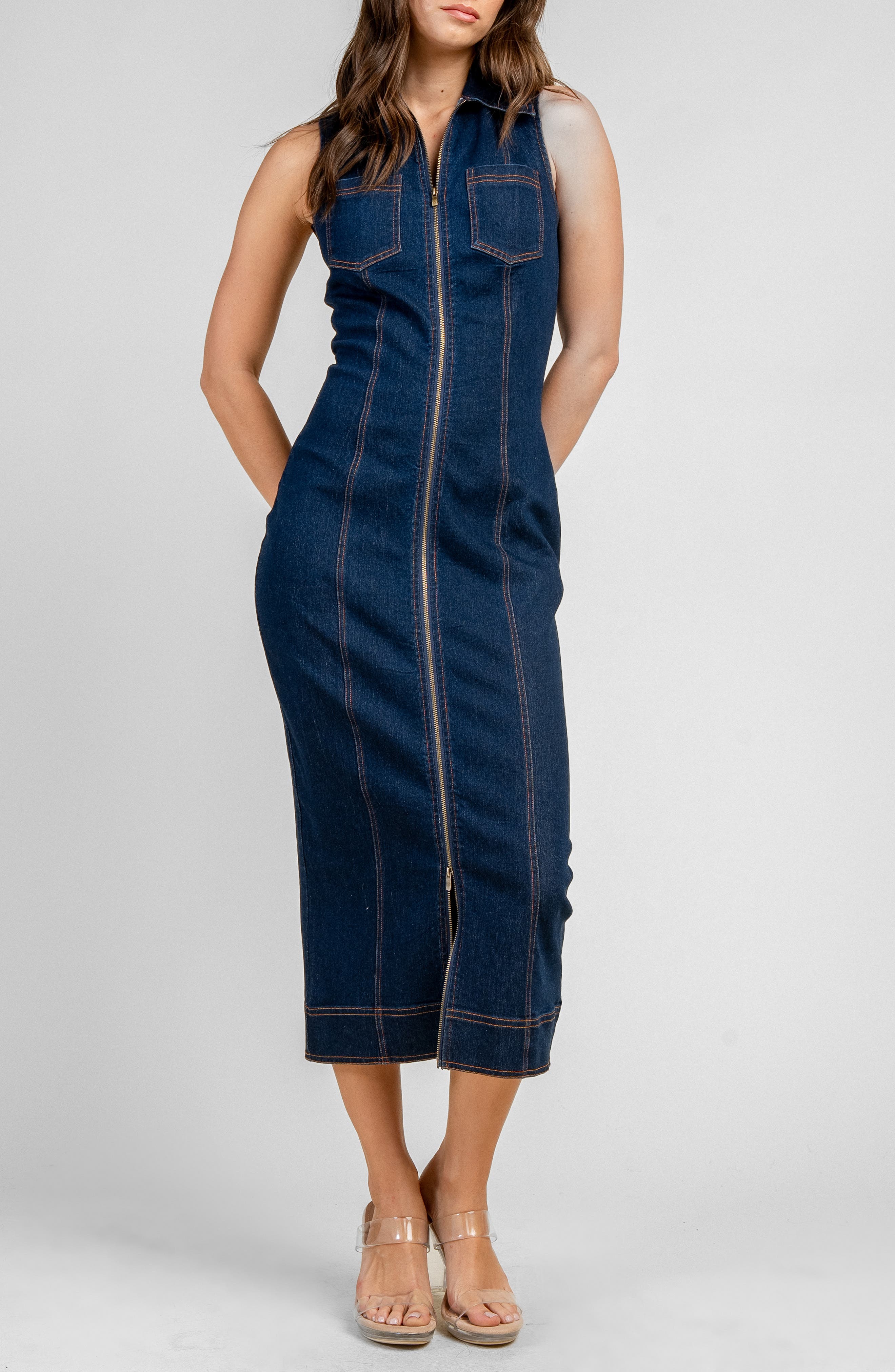 Beivy Denim Zip Front Midi Dress