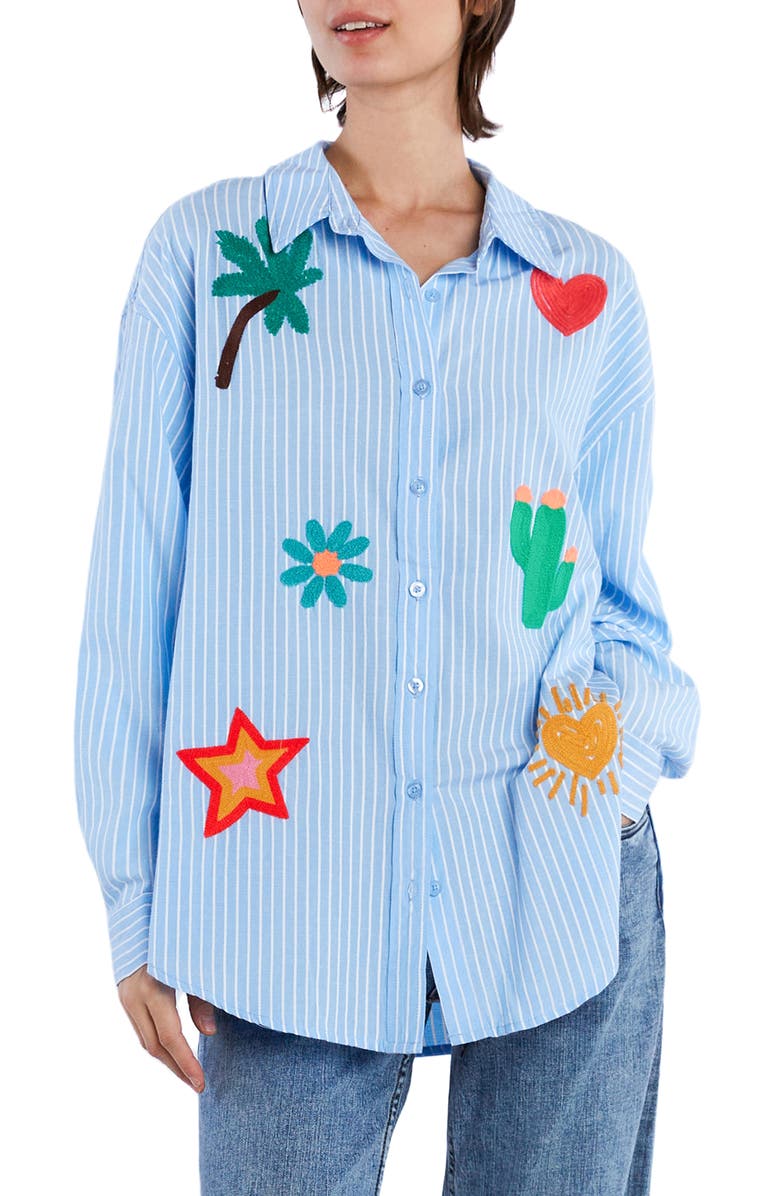 Billy T Bali Exaggerated Embroidered Button-Up Shirt, Main, color, Blue Prep Stripe