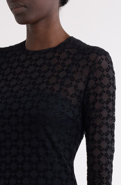 Givenchy Monogram 72 Glitter Flocked Long Sleeve Mesh Dress In Black/silvery
