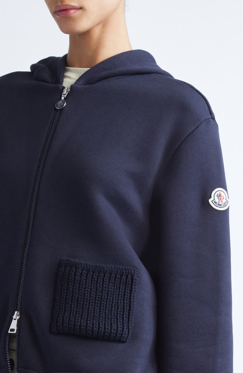Moncler Knit Accent Cotton Blend Zip Hoodie, Alternate, color, Dark Navy Blue