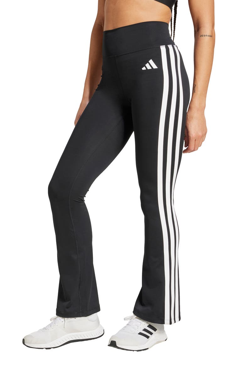 Optime Essentials AEROREADY 3-Stripes Climacool Flared Leggings, Main, color, BLACK/WHITE