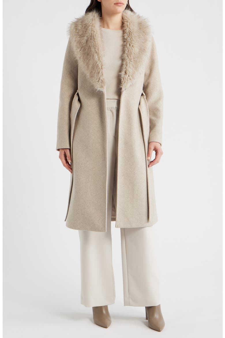 Belted Wrap Coat with Faux Fur Collar, Alternate, color, OATMEAL