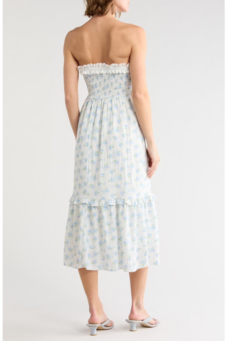 Floral Strapless Ruffle Hem Midi Dress, Alternate, color, LIGHT BLUE FLORAL