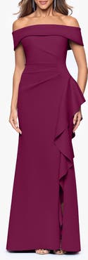 Xscape Evenings Ruffle Off the Shoulder Scuba Knit Gown