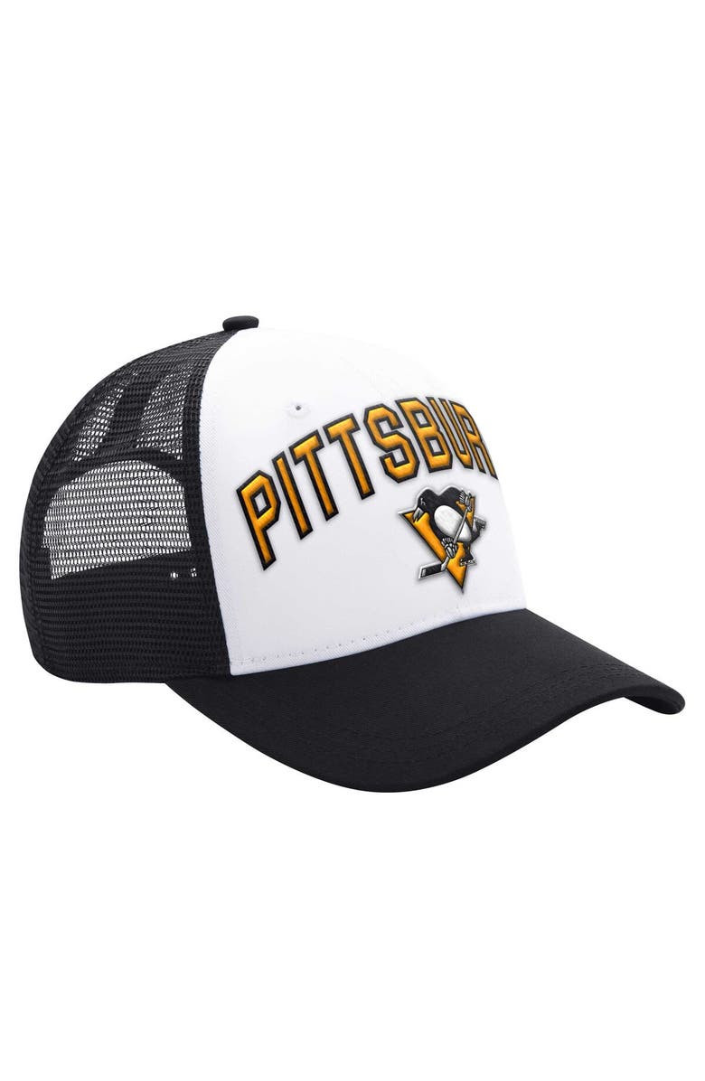 STARTER Men's Starter White/Black Pittsburgh Penguins Arch Logo Trucker Adjustable Hat, Main, color,