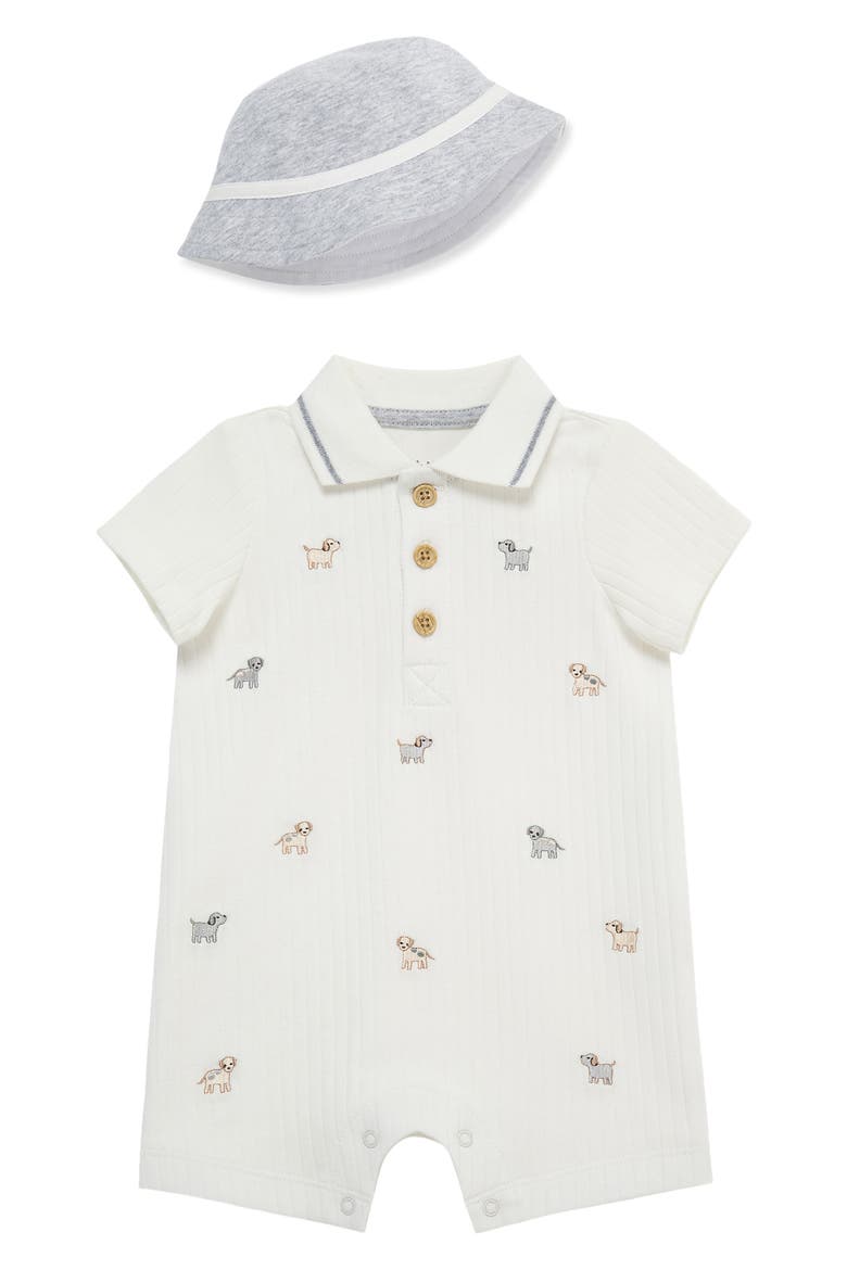 Puppies Cotton Polo Romper & Hat Set, Main, color, WHITE