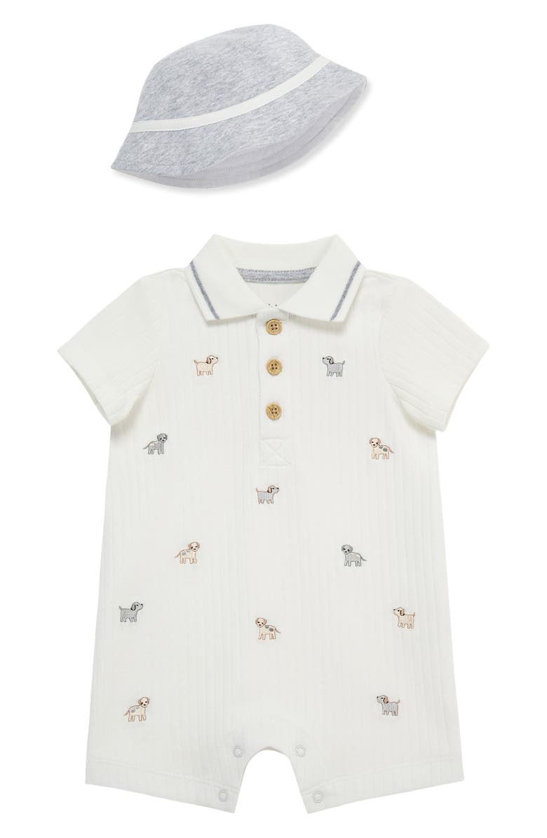 Little Me Puppies Cotton Polo Romper & Hat Set, Main, color, White