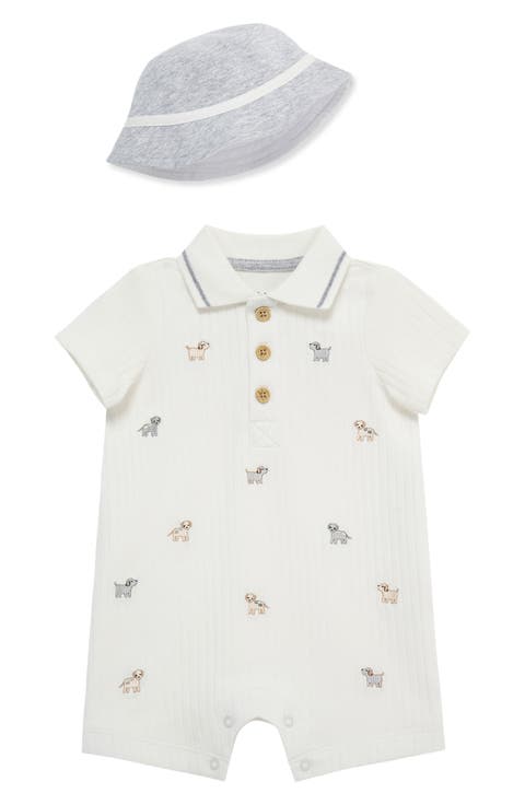 Puppies Cotton Polo Romper & Hat Set (Baby)