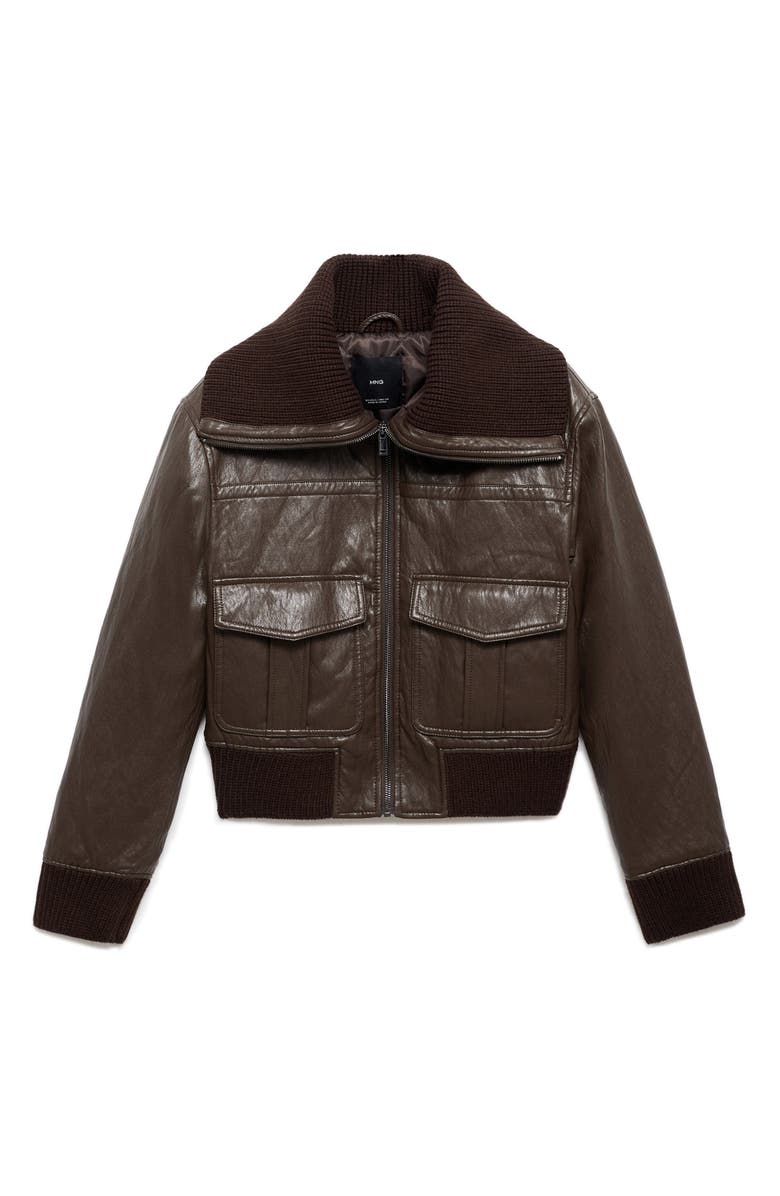 MANGO Crop Faux Leather Jacket, Main, color, Brown