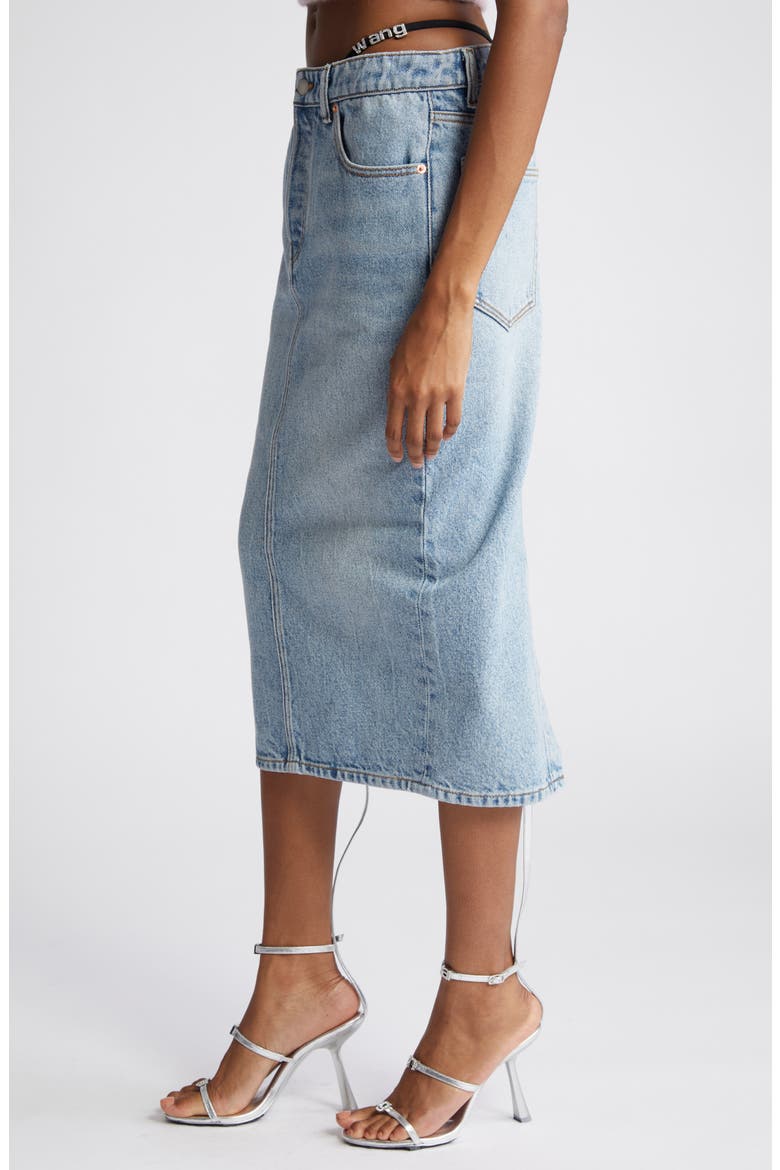 Thong Strap Detail Denim Midi Skirt, Alternate, color, VINTAGE FADED INDIGO