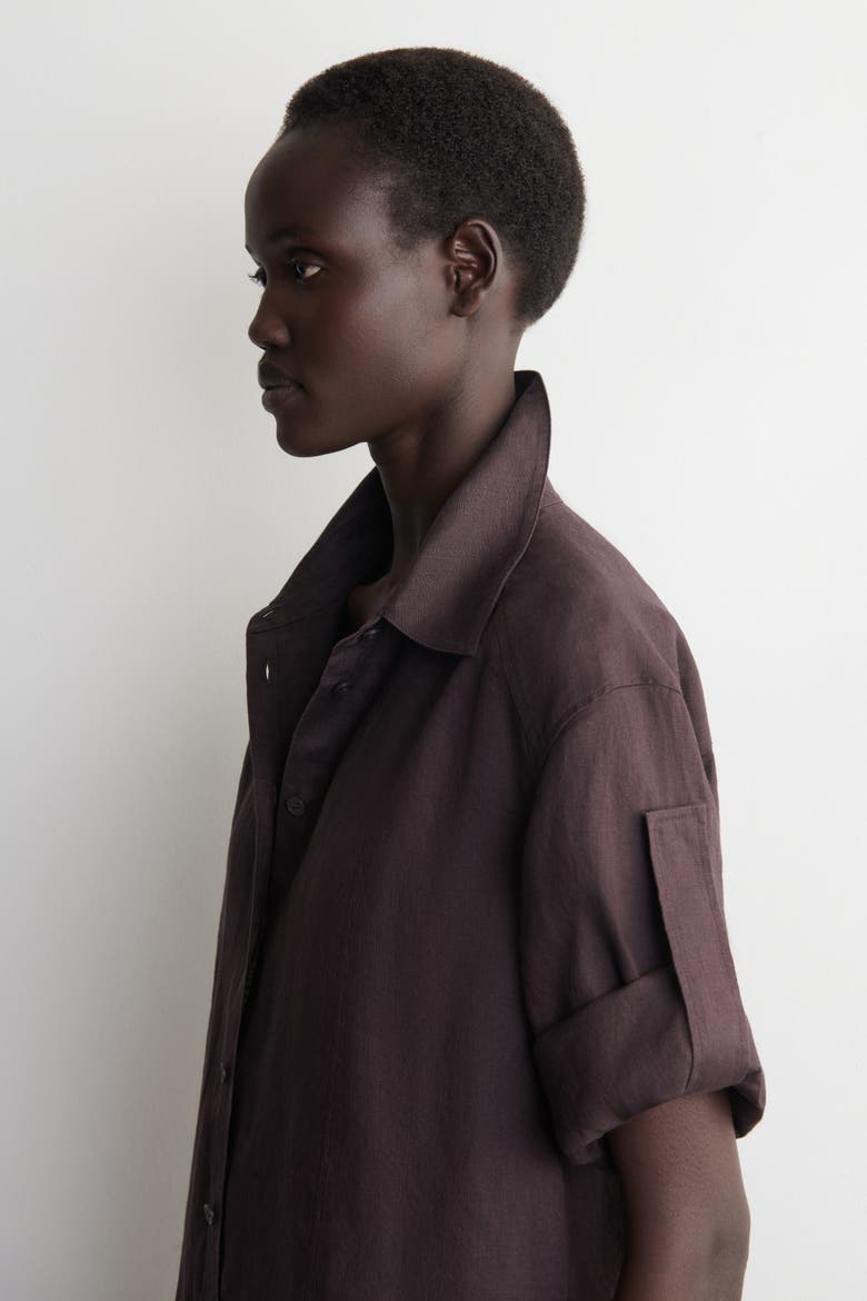 Folded-sleeve Linen Shirt, Alternate, color, BURGUNDY