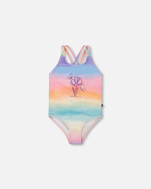 DEUX PAR DEUX DEUX PAR DEUX GIRL'S PRINTED ONE-PIECE SWIMSUIT FLOWERS ON MULTICOLORED BACKGROUND 