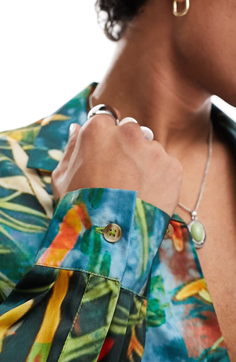 ASOS DESIGN Tropical Print Satin Button-Up Shirt, Alternate, color,