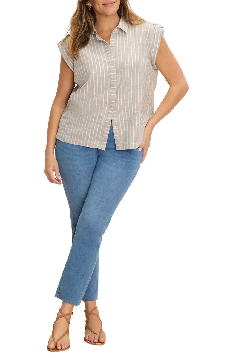 NIC+ZOE Stripe Cotton & Linen Blend Button-Up Resort Shirt, Alternate, color, Neutral Multi