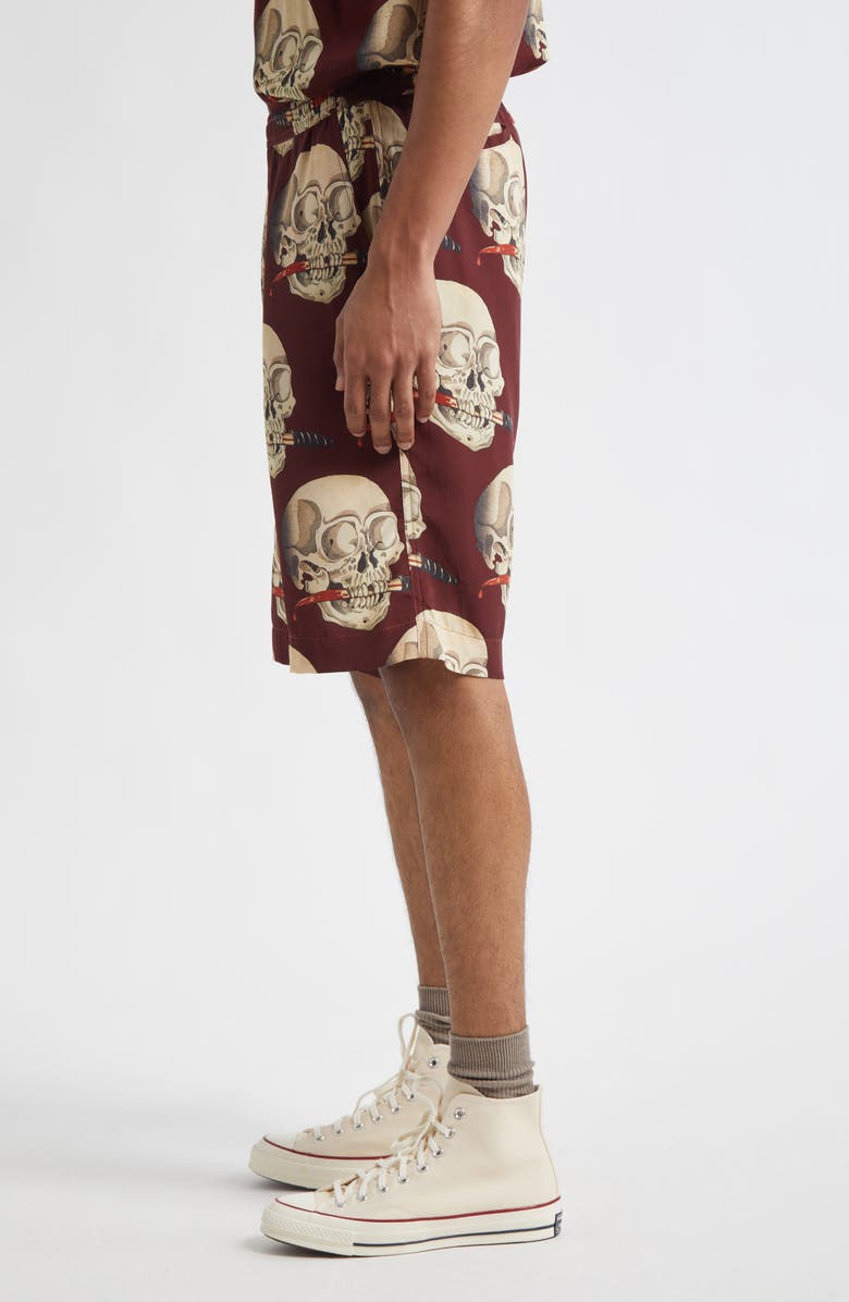 ENDLESS JOY Skull Print Crepe Shorts, Alternate, color, Oxblood