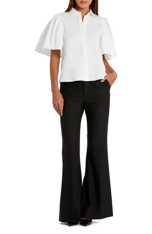 Mac Duggal Stretch Cotton Flare Ruffle Sleeve Button Up Top In White