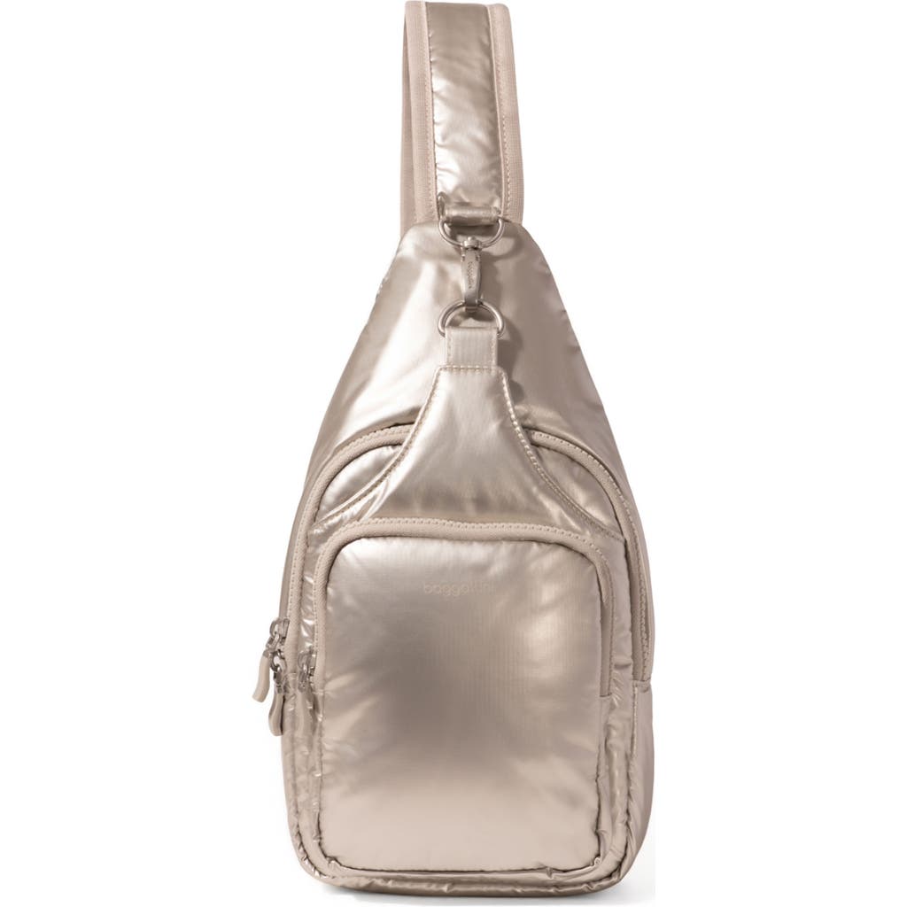 Baggallini Central Park Sling Bag In Platinum Ecopuff
