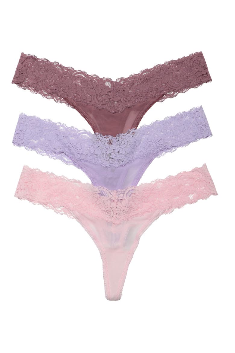 Mila 3-Pack Lace Thongs, Main, color, PINK/ LAVENDER/ ROSEWOOD