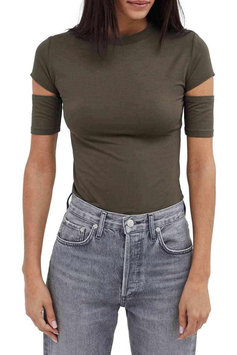 Esme Cutout Sleeve T-Shirt, Main, color, OLIVE GREEN