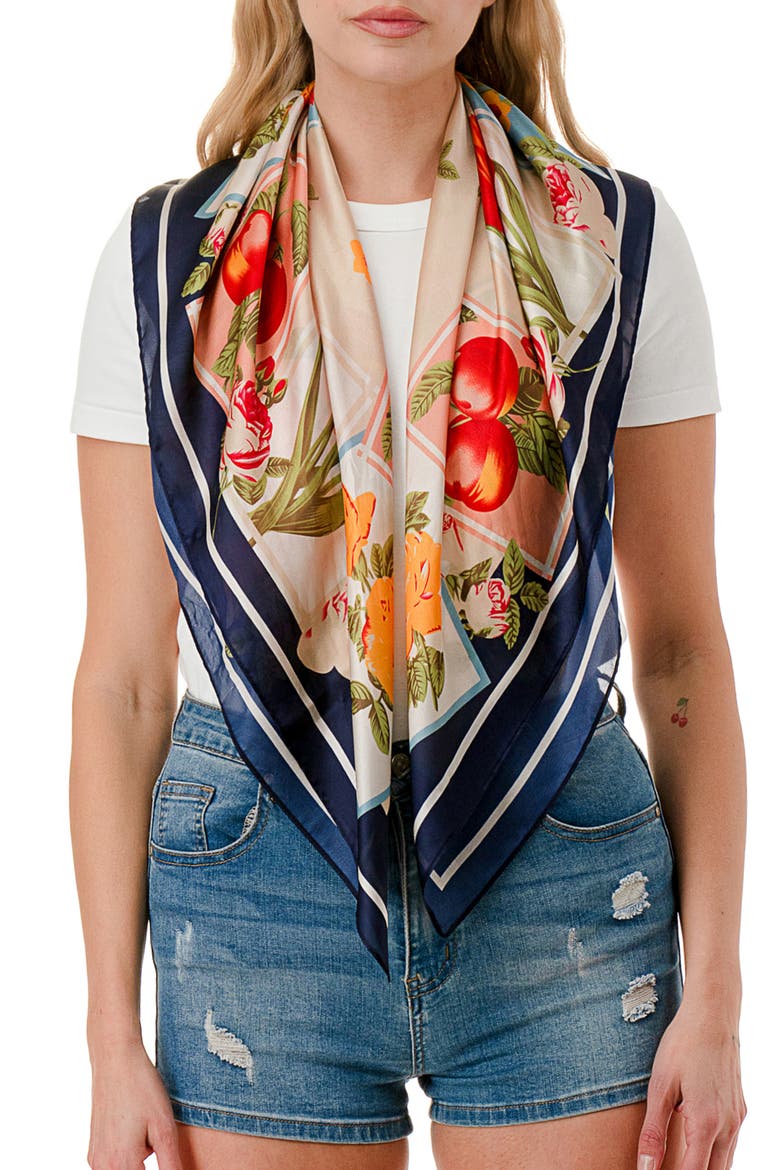 Floral Satin Square Scarf, Main, color, NAVY