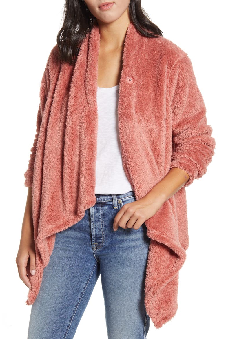 Drape Front Faux Fur Cardigan, Main, color, WITHERING ROSE