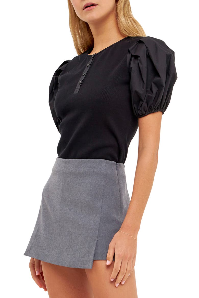 Puff Sleeve Henley, Alternate, color, BLACK