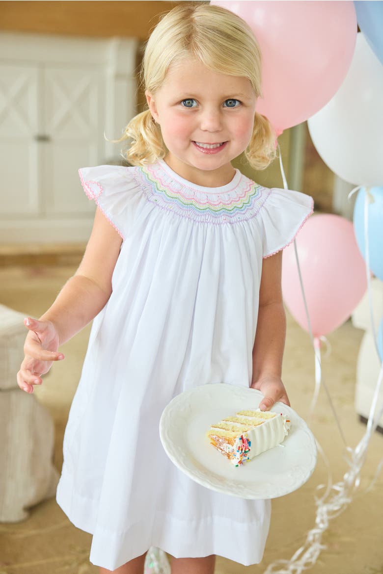 Kids' Woven Smocked Bishop Dress, Alternate, color, White with Rainbow