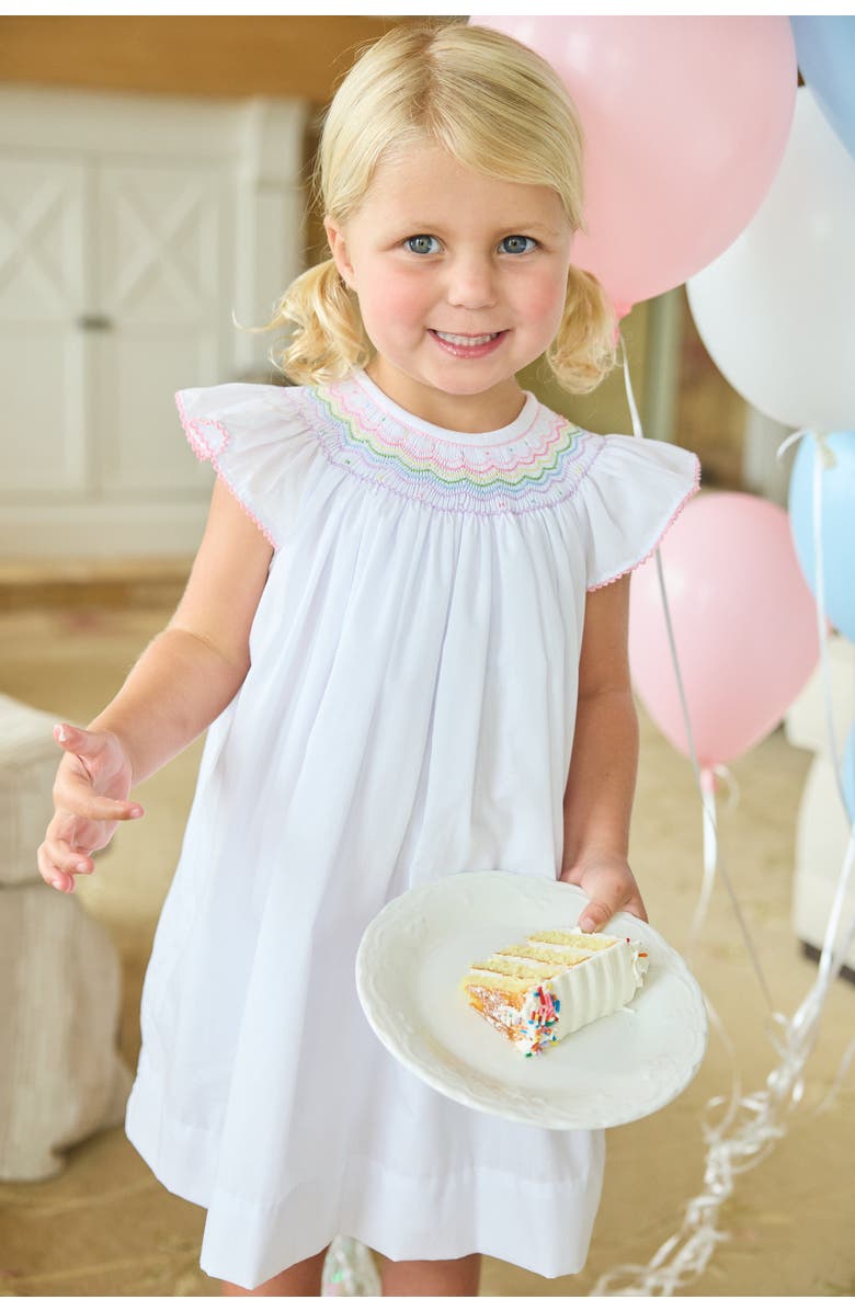 Little English Kids' Woven Smocked Bishop Dress, Alternate, color, White With Rainbow