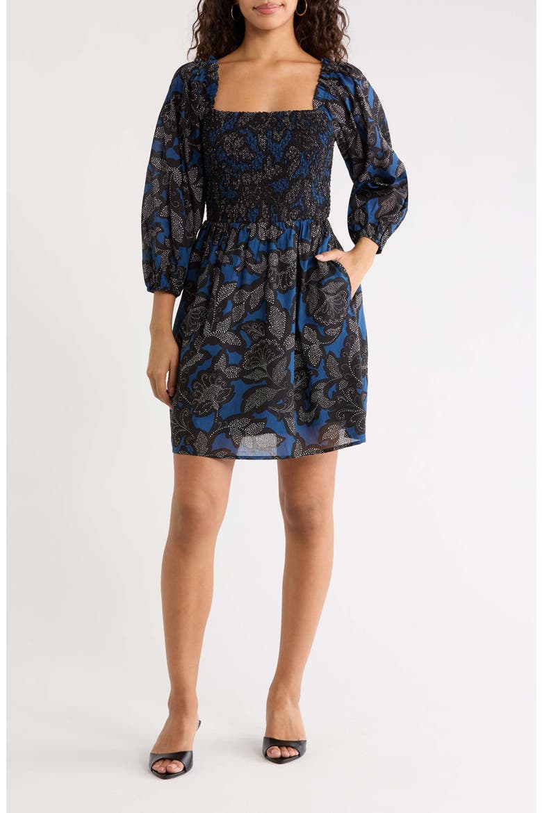 Aurina Floral Smocked Fit & Flare Minidress, Main, color, NAVY-BLACK