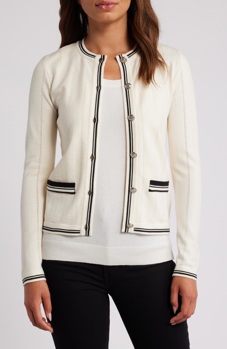 ZOE AND CLAIRE Pointelle Contrast Trim Cardigan, Main, color, 