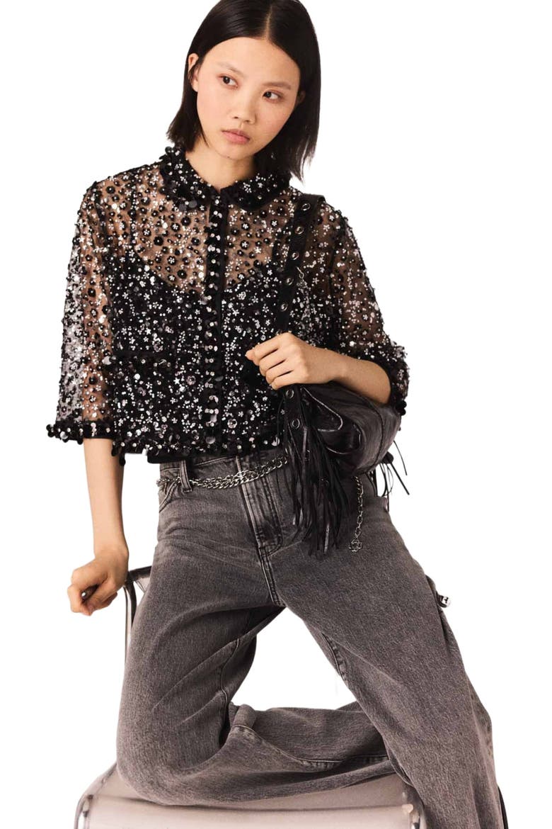 Floral rhinestone polo, Alternate, color, Black
