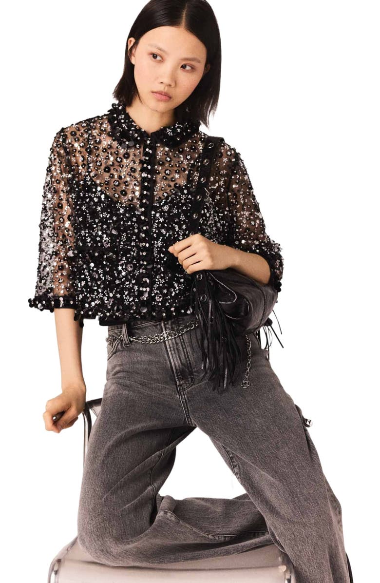 maje Floral rhinestone polo, Alternate, color, Black