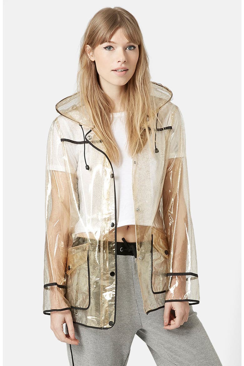 Gold Glitter Transparent Plastic Rain Jacket, Main, color, GOLD