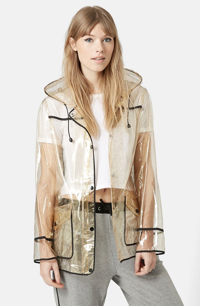 Topshop Gold Glitter Transparent Plastic Rain Jacket, Main, color,