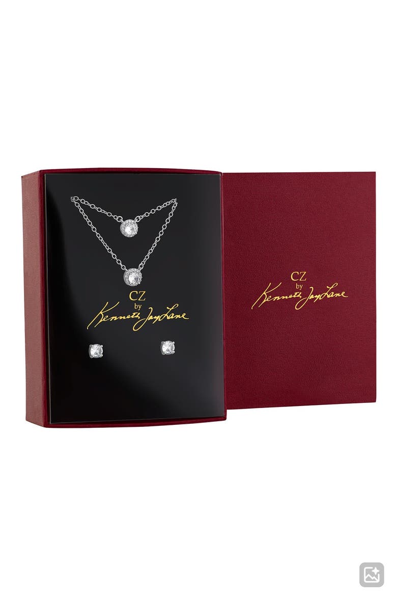 Round Cubic Zirconia Solitaire Multistrand Pendant Necklace & Stud Earrings Set, Alternate, color, RHODIUM PLATED BRASS