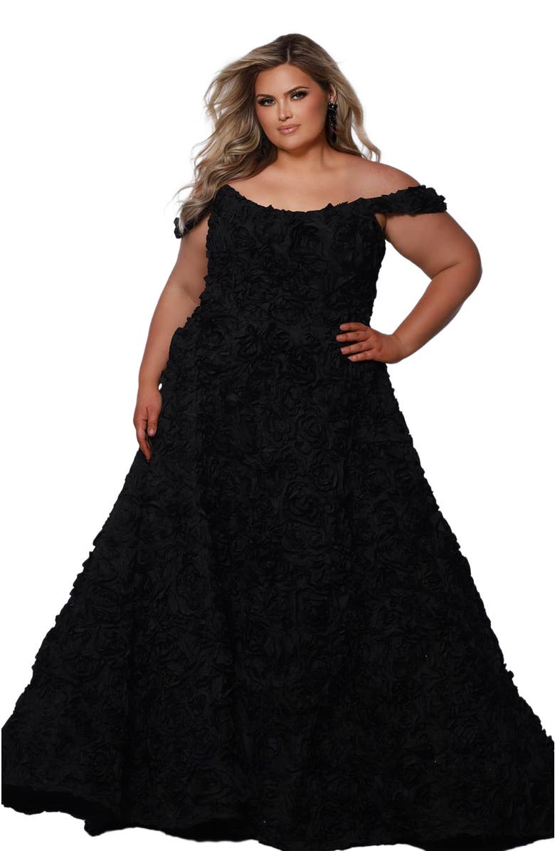 Sydney's Closet Off-The-Shoudler A-Line Plus Size Evening Gown, Alternate, color, Black