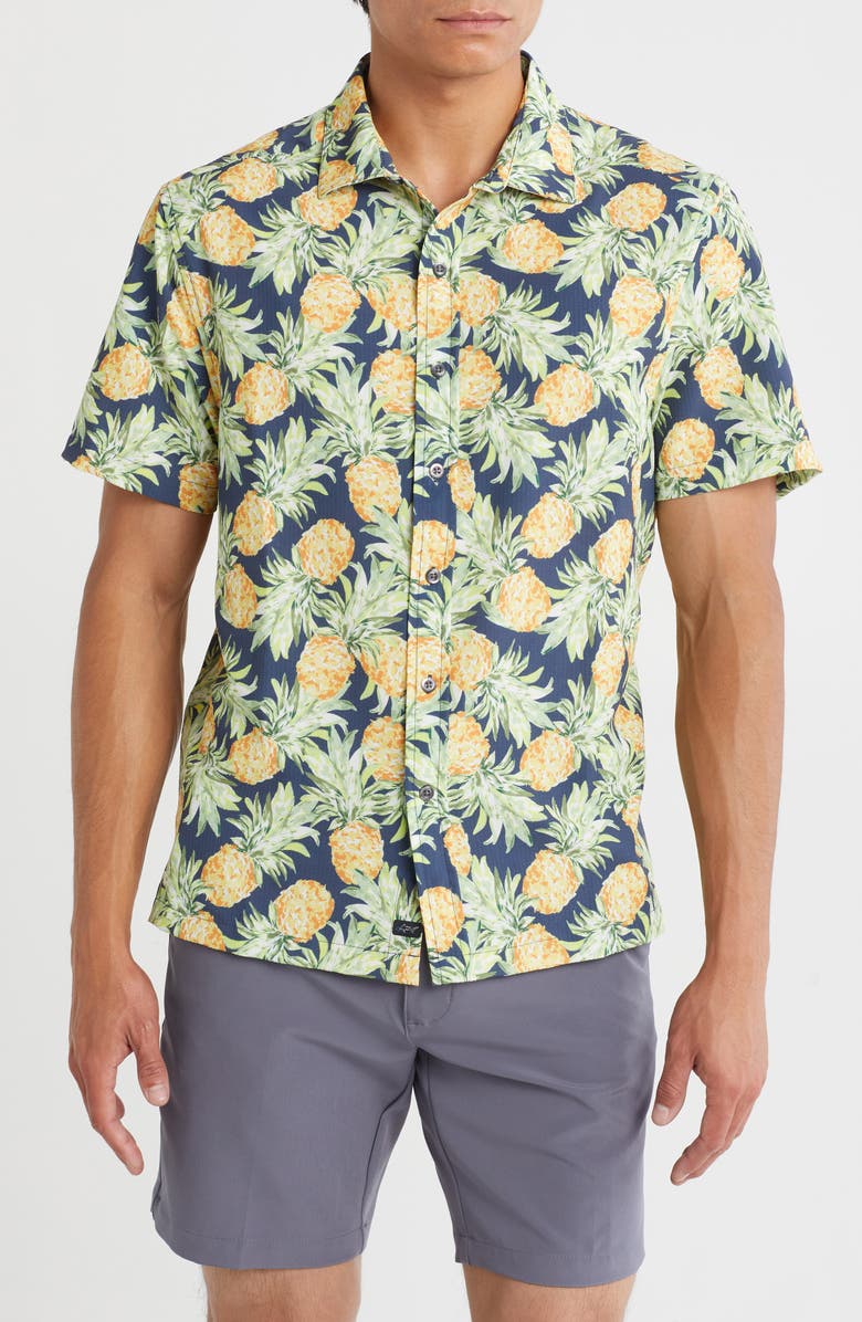 Greg Norman Pineapple Print Short Sleeve Seersucker Button-Up Golf Shirt, Main, color, Pineapple