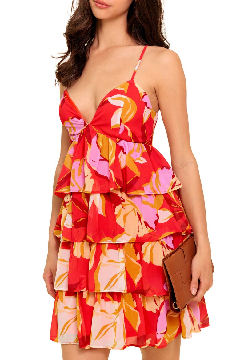 Floral Plunge Neck Minidress, Alternate, color, RED
