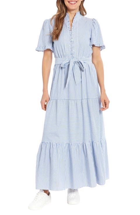Stripe Short Sleeve Tie Waist Tiered Cotton Maxi Dress (Petite)