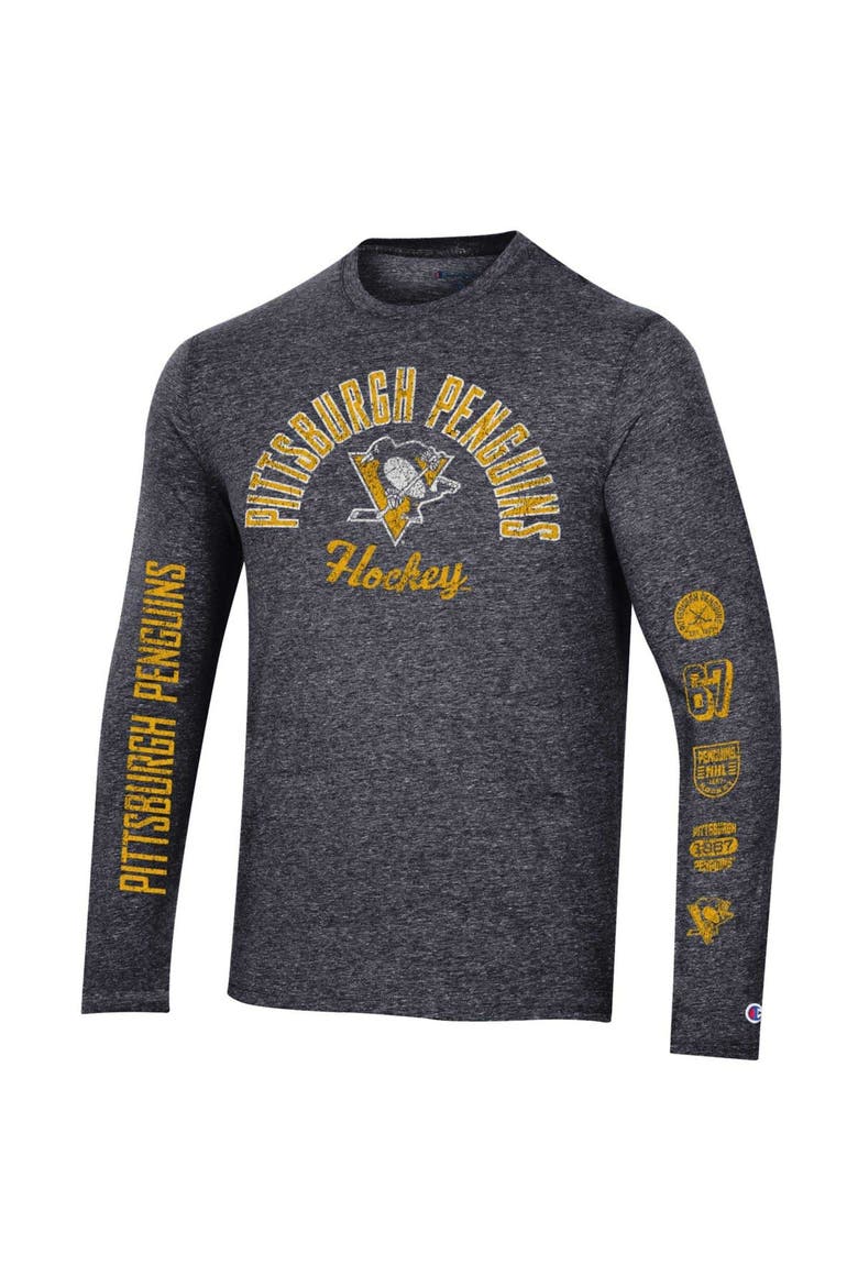 Men's Champion Heather Black Pittsburgh Penguins Multi-Logo Tri-Blend Long Sleeve T-Shirt, Alternate, color, Heather Black