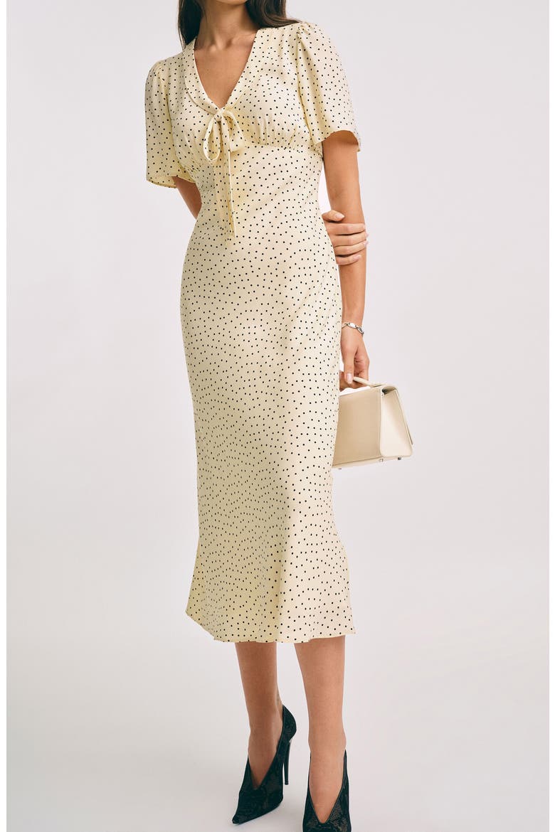 Tyra Polka Dot Short Sleeve Midi Dress, Main, color, SALT AND PEPPER